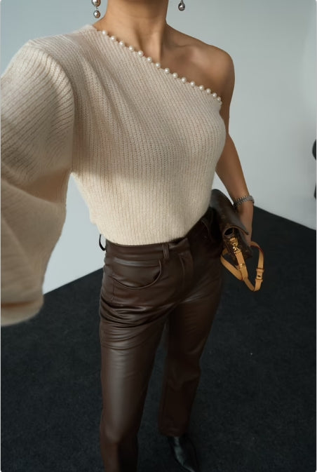 Pull Perlé À Une Manche - Vanille