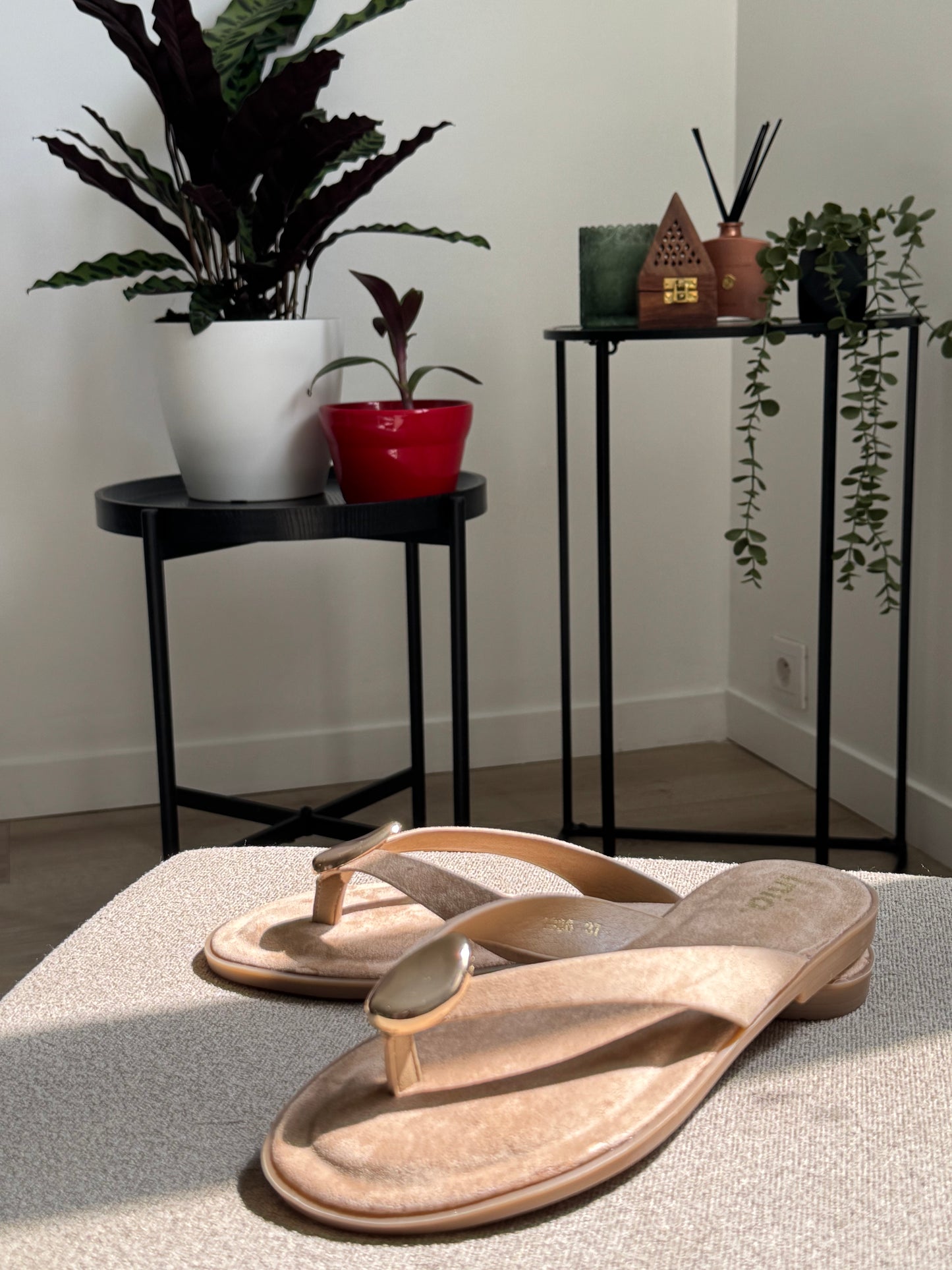 Jolies tongs couleur taupe avec détails dorés