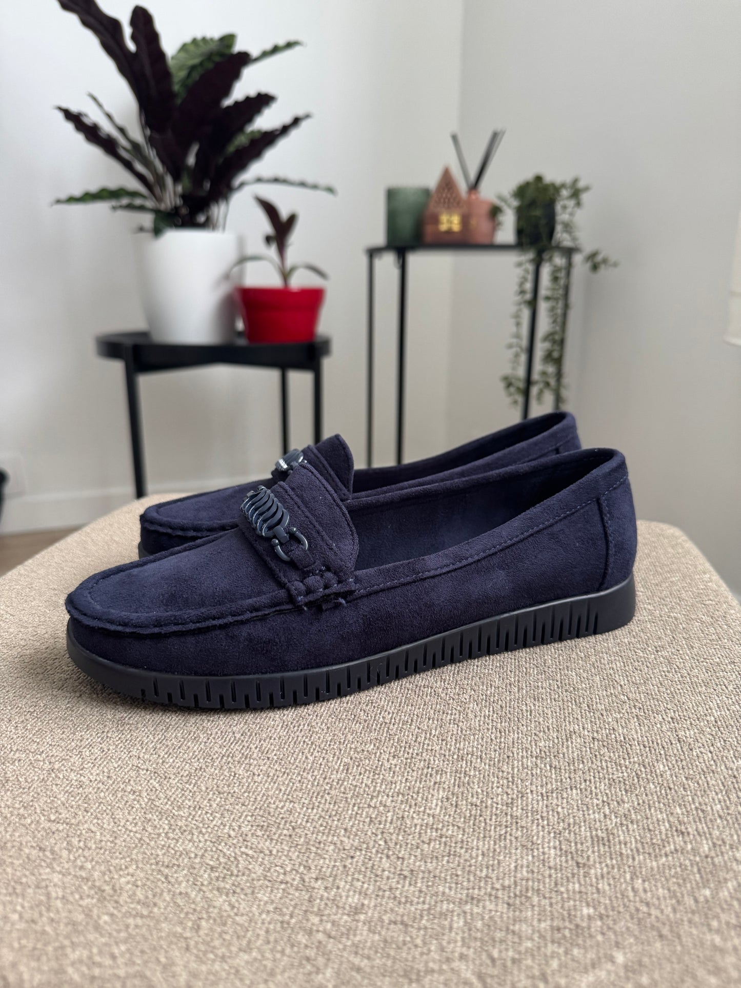 Jolies mocassins en daim bleu, confortable, légère et anti-dérapant