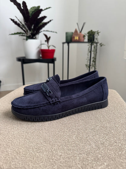 Jolies mocassins en daim bleu, confortable, légère et anti-dérapant